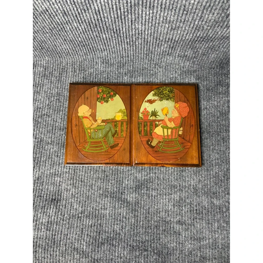 Vintage Folk Art Wood Wall Plaque Set Elderly Couple Rocking Chairs Porch 1980